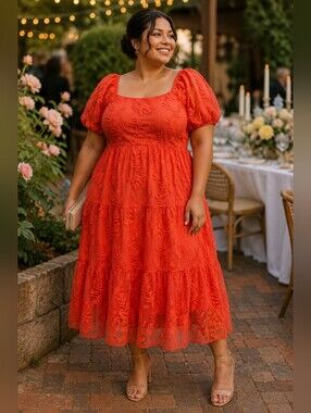 Chic Soul Gorgeous Plus Size 2x Orange Puff-Sleeve Embroidery  Midi Dress